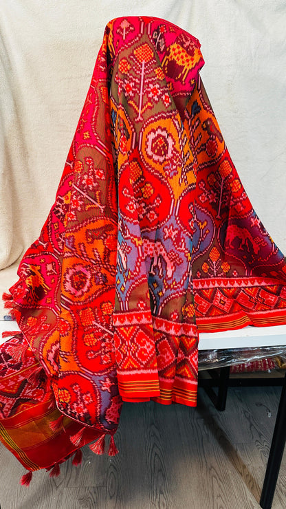 Orange with Rangkat pure silk semi double Patan Patola Handloom Saree