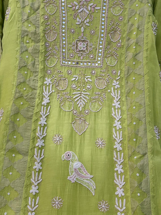 Parrot green pure Mulchanderi Mukaish suit highlighted with pearl & Cutdana handwork