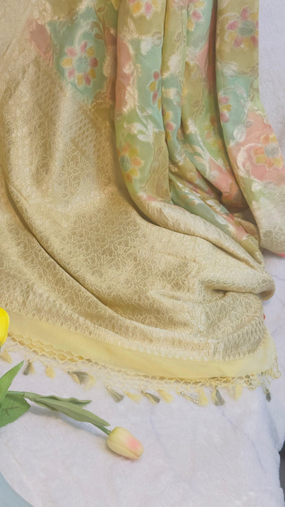 Pastel Rangkat Pure Khaddi Georgette handloom Banarasi saree with tested Gold zari weaving