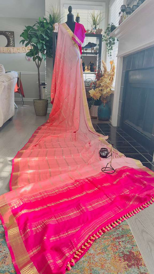 Peachy Pink 2D Ombré with Rani Pink Pallu Pure Mysore Silk Handloom Saree