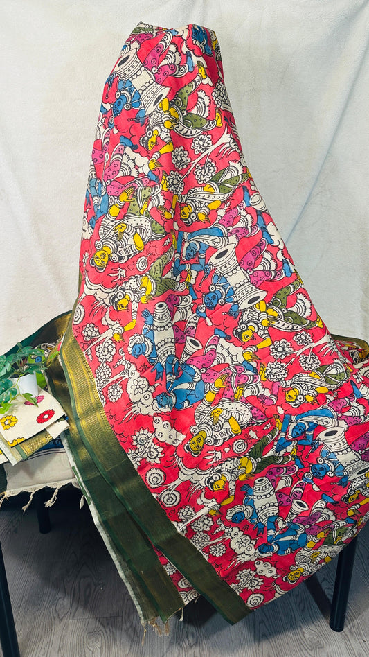 Pink pure Bangalore silk hand drawn- hand painted Pen Kalamkari Saree