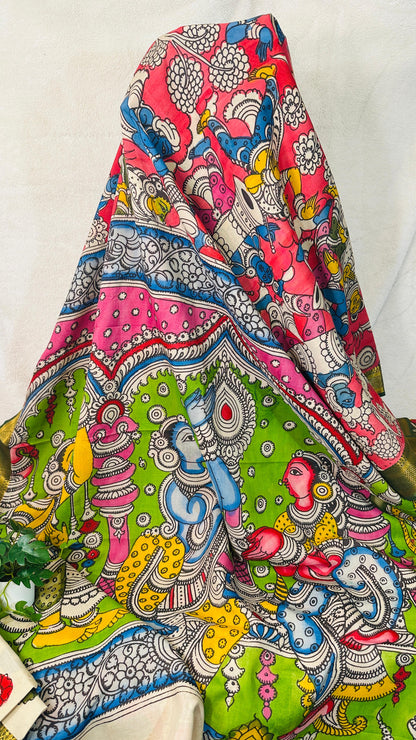 Pink pure Bangalore silk hand drawn- hand painted Pen Kalamkari Saree