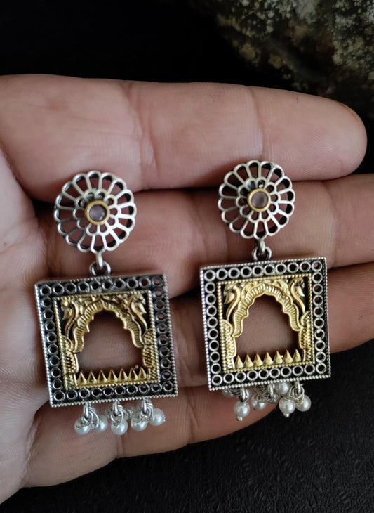 Pure 92.5 Silver Dual Earrings embellished with fresh water pearls