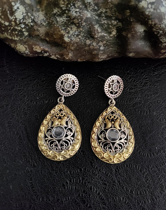 Pure 92.5 Silver Dual Earrings embellished with semiprecious clear stone