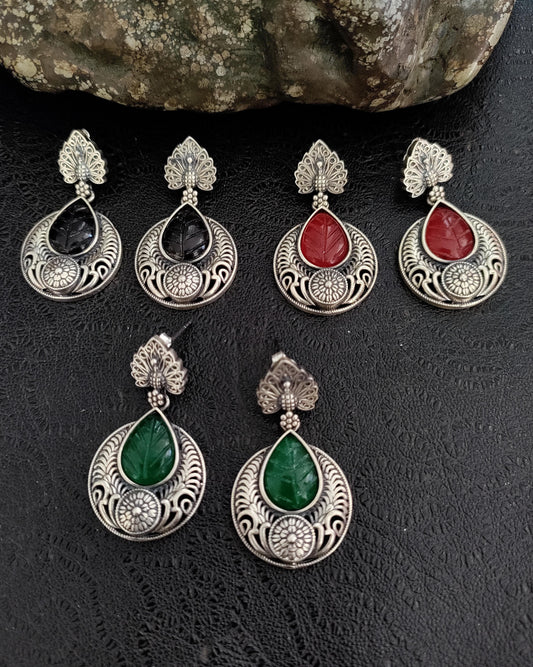 Pure 92.5 Silver ( Silver tone ) Earrings embellished with semiprecious Emerald green, Ruby & Black Onyx stone