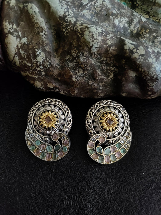 Pure 92.5 Silver Dual Earrings embellished with semiprecious jade & pink stone