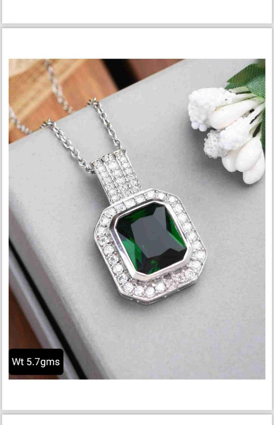 Pure 92.5 Silver Emerald green pendant highlighted with CZ