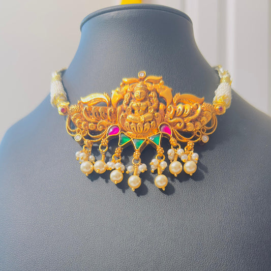 Pure 92.5 Silver Goddess Laxmi choker with Gold polish embellishment with Ruby & emerald Kundan & fresh water pearls