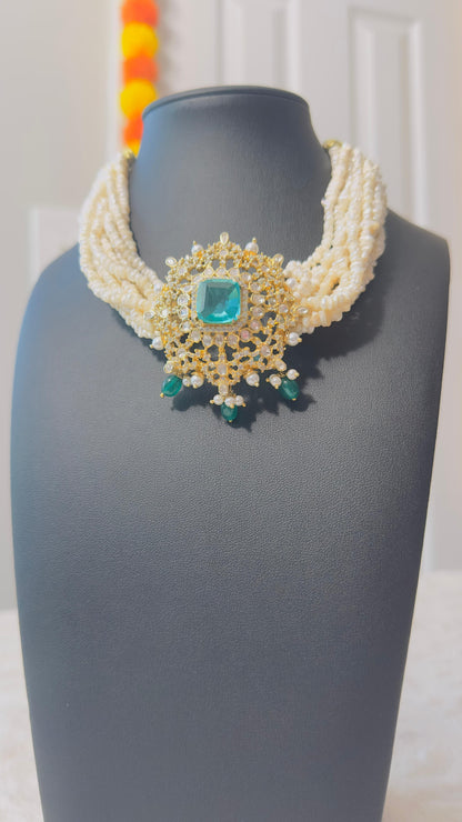 Pure 92.5 Silver Goddess Laxmi choker with Gold polish embellishment with Semiprecious Jade stone with CZ & fresh water pearls