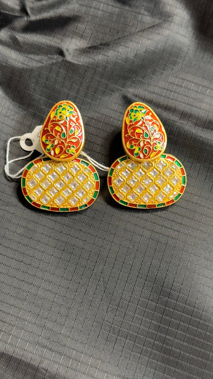 Pure 92.5 Silver Gold tone Earrings embellished with polki & hand Meenakari