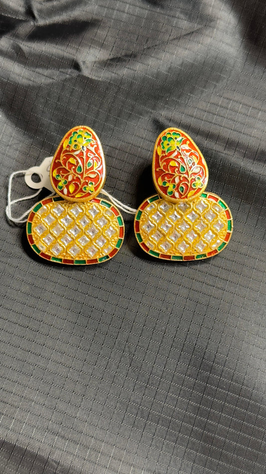 Pure 92.5 Silver Gold tone Earrings embellished with polki & hand Meenakari