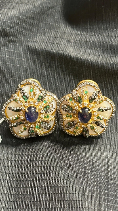 Pure 92.5 Silver MOP Statement Studs highlighted with semiprecious Blue lapis and nano CZ