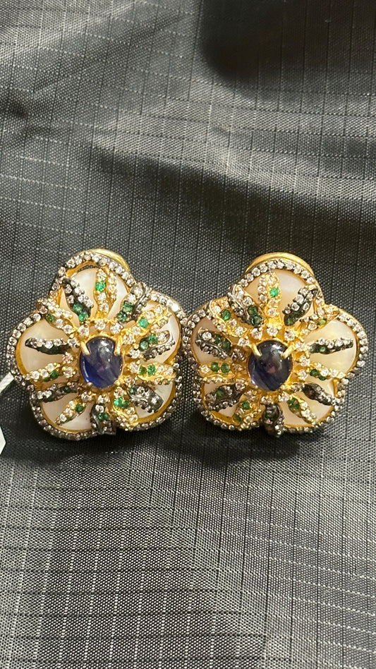 Pure 92.5 Silver MOP Statement Studs highlighted with semiprecious Blue lapis and nano CZ