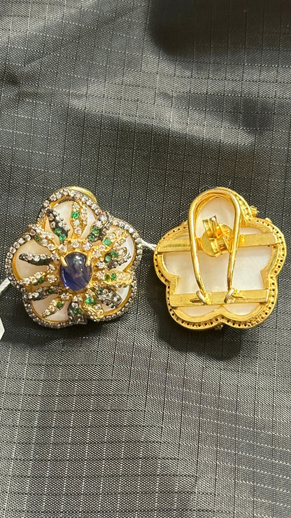 Pure 92.5 Silver MOP Statement Studs highlighted with semiprecious Blue lapis and nano CZ