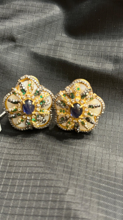 Pure 92.5 Silver MOP Statement Studs highlighted with semiprecious Blue lapis and nano CZ