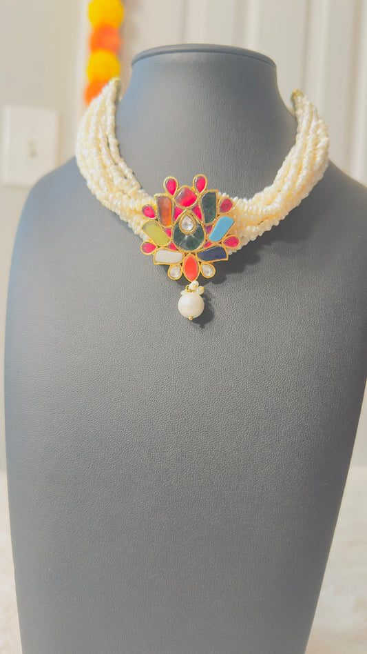 Pure 92.5 Silver Navratan pendant fresh water pearl choker embellishment with navratan semiprecious multicoloured gemstone.