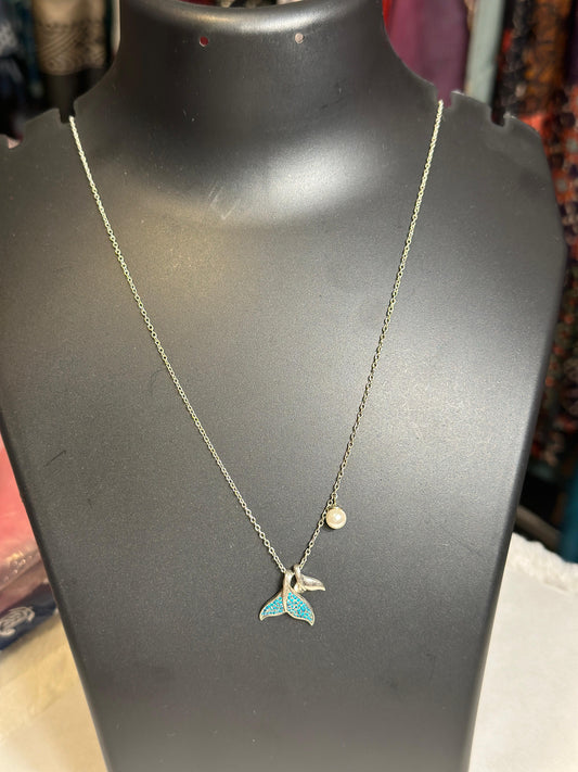 Pure 92.5 Silver Necklace Turquoise setting with fresh water pearl