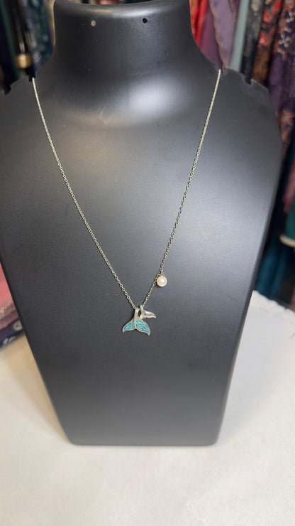 Pure 92.5 Silver Necklace Turquoise setting with fresh water pearl