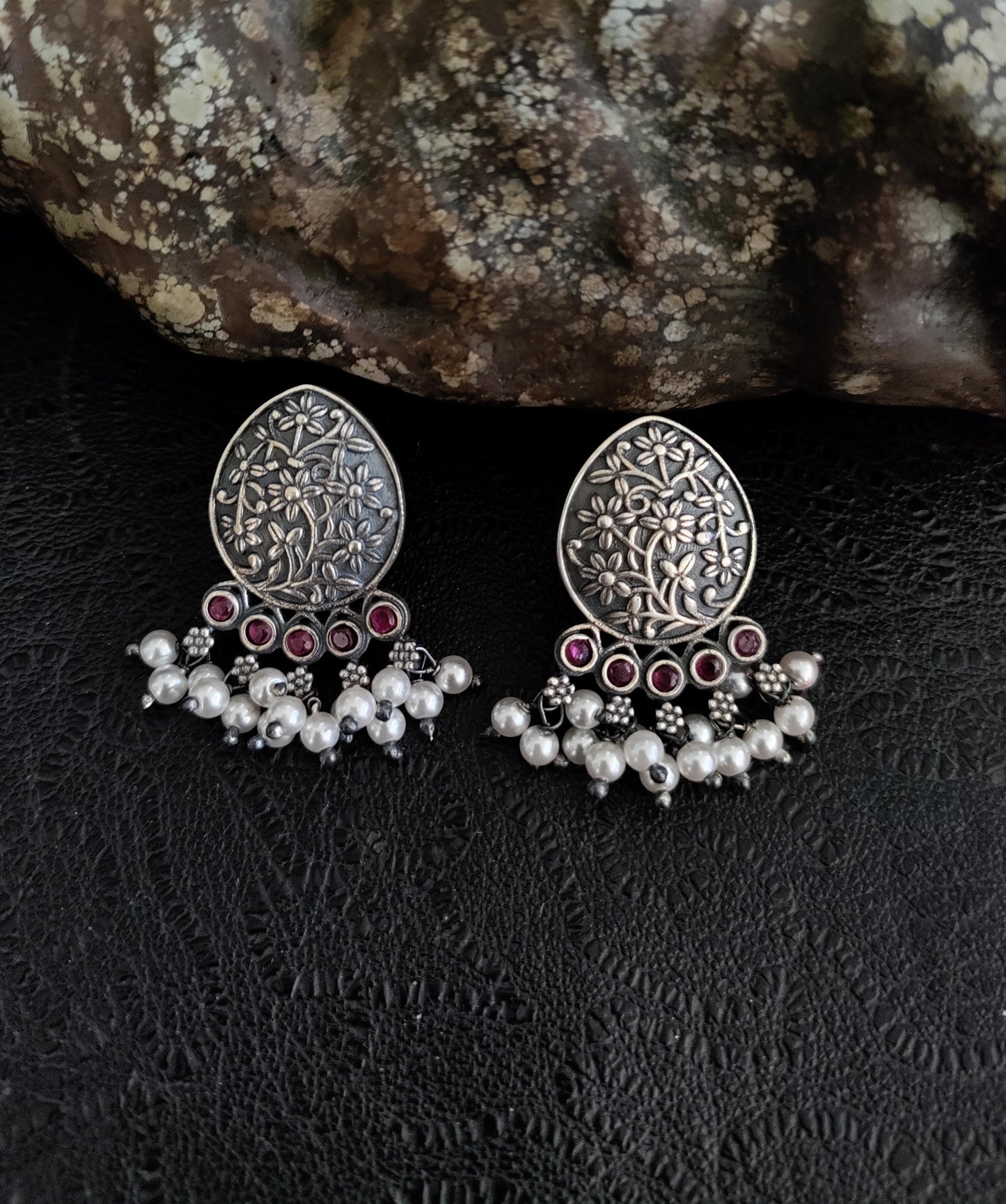 Pure 92.5 Silver ( Silver tone ) Earrings embellished with fresh water pearls & tiny Ruby