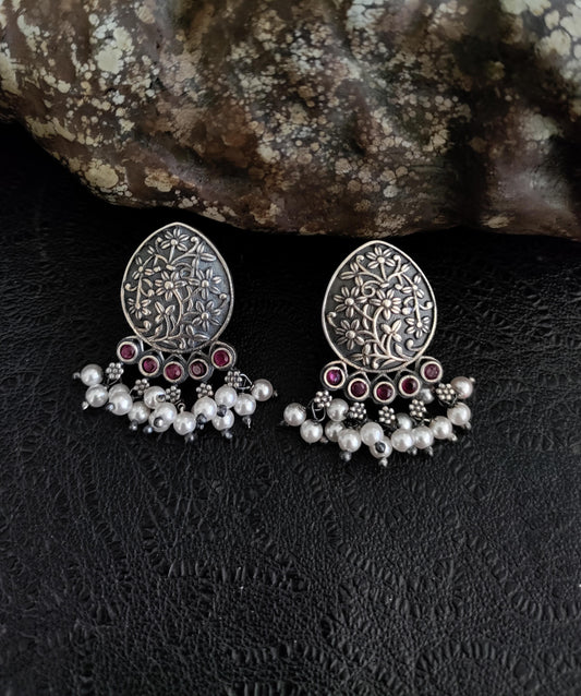 Pure 92.5 Silver ( Silver tone ) Earrings embellished with fresh water pearls & tiny Ruby