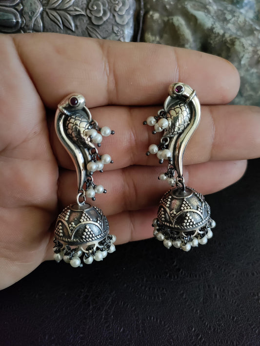 Pure 92.5 Silver ( Silver tone ) peacock Earrings embellished with fresh water pearls