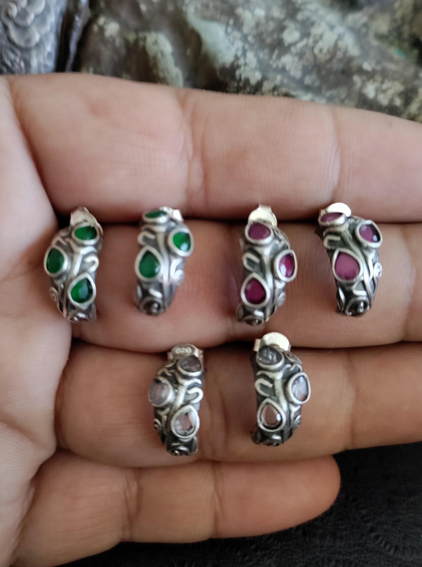 Pure 92.5 Silver ( Silver tone ) stud Earrings embellished with semiprecious Emerald green, Ruby & Clear stone