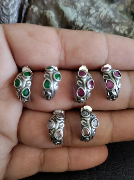 Pure 92.5 Silver ( Silver tone ) stud Earrings embellished with semiprecious Emerald green, Ruby & Clear stone