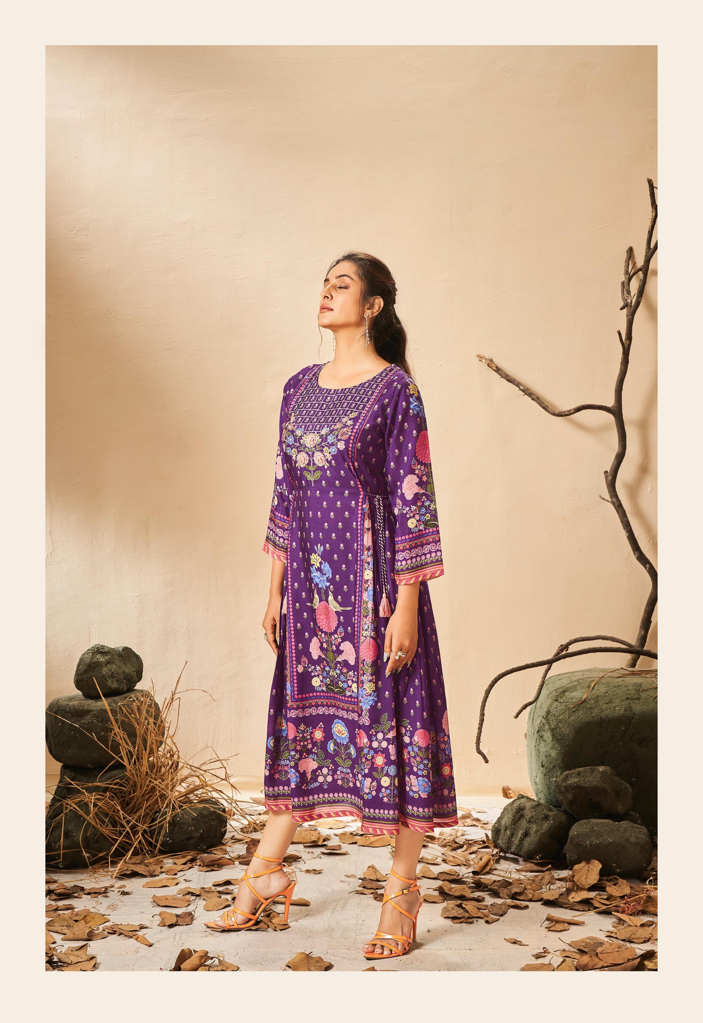 Purple designer digital print dress highlighted with thread and pearl handwork