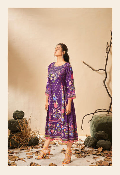 Purple designer digital print dress highlighted with thread and pearl handwork