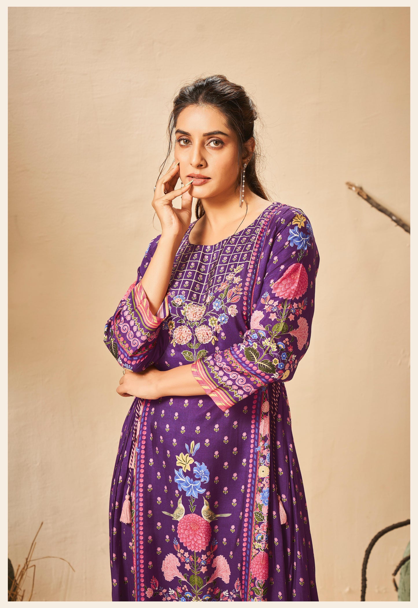 Purple designer digital print dress highlighted with thread and pearl handwork