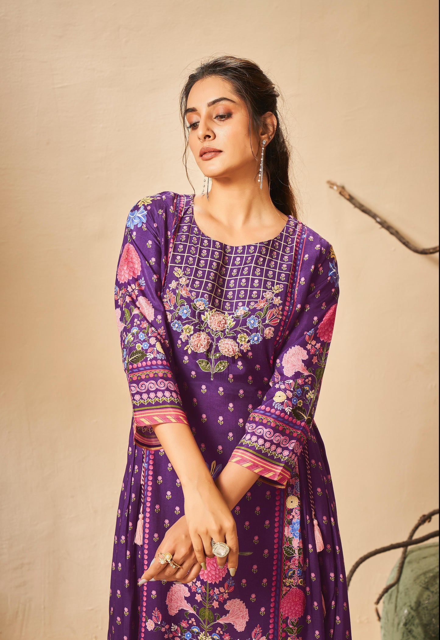 Purple designer digital print dress highlighted with thread and pearl handwork