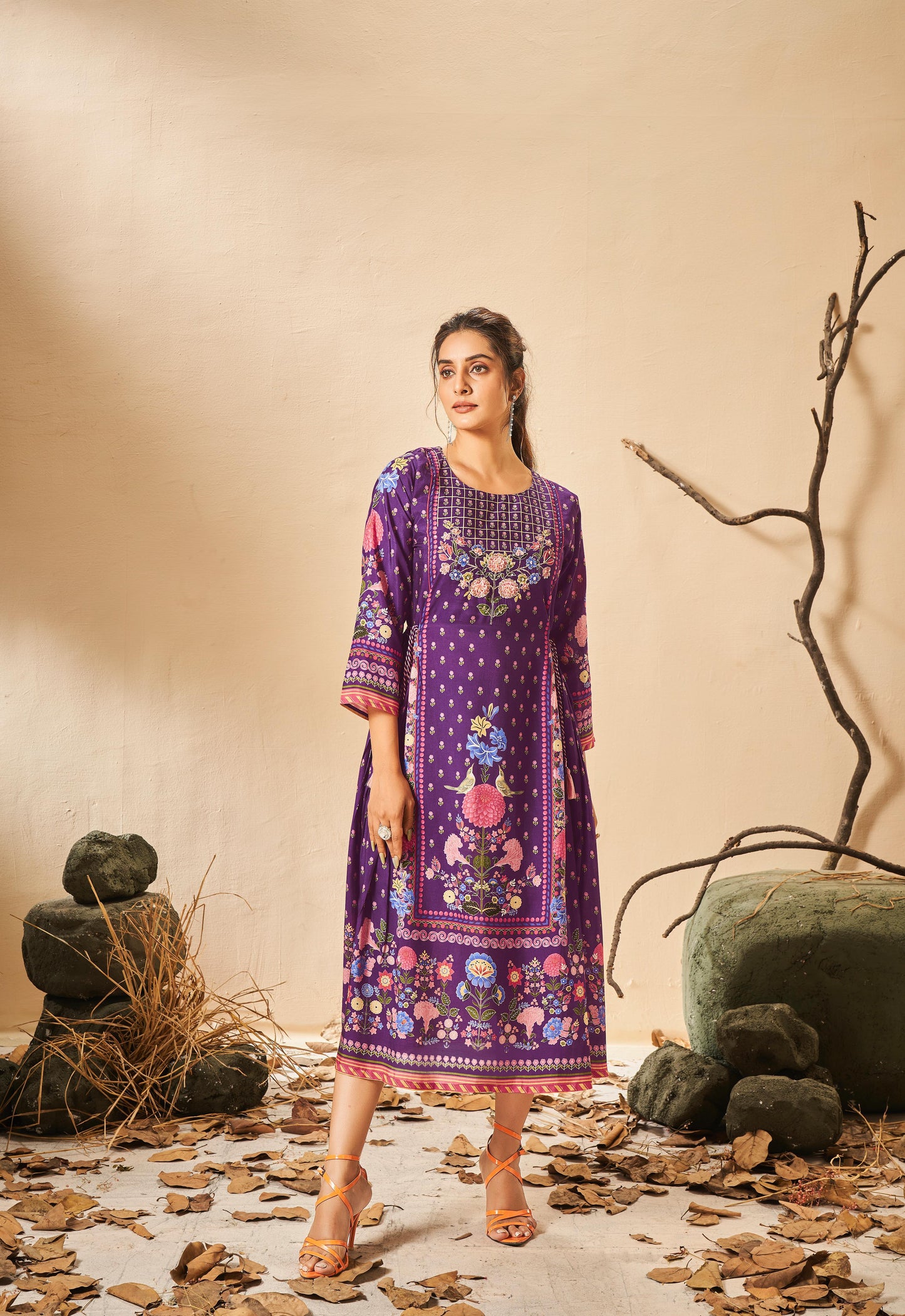 Purple designer digital print dress highlighted with thread and pearl handwork