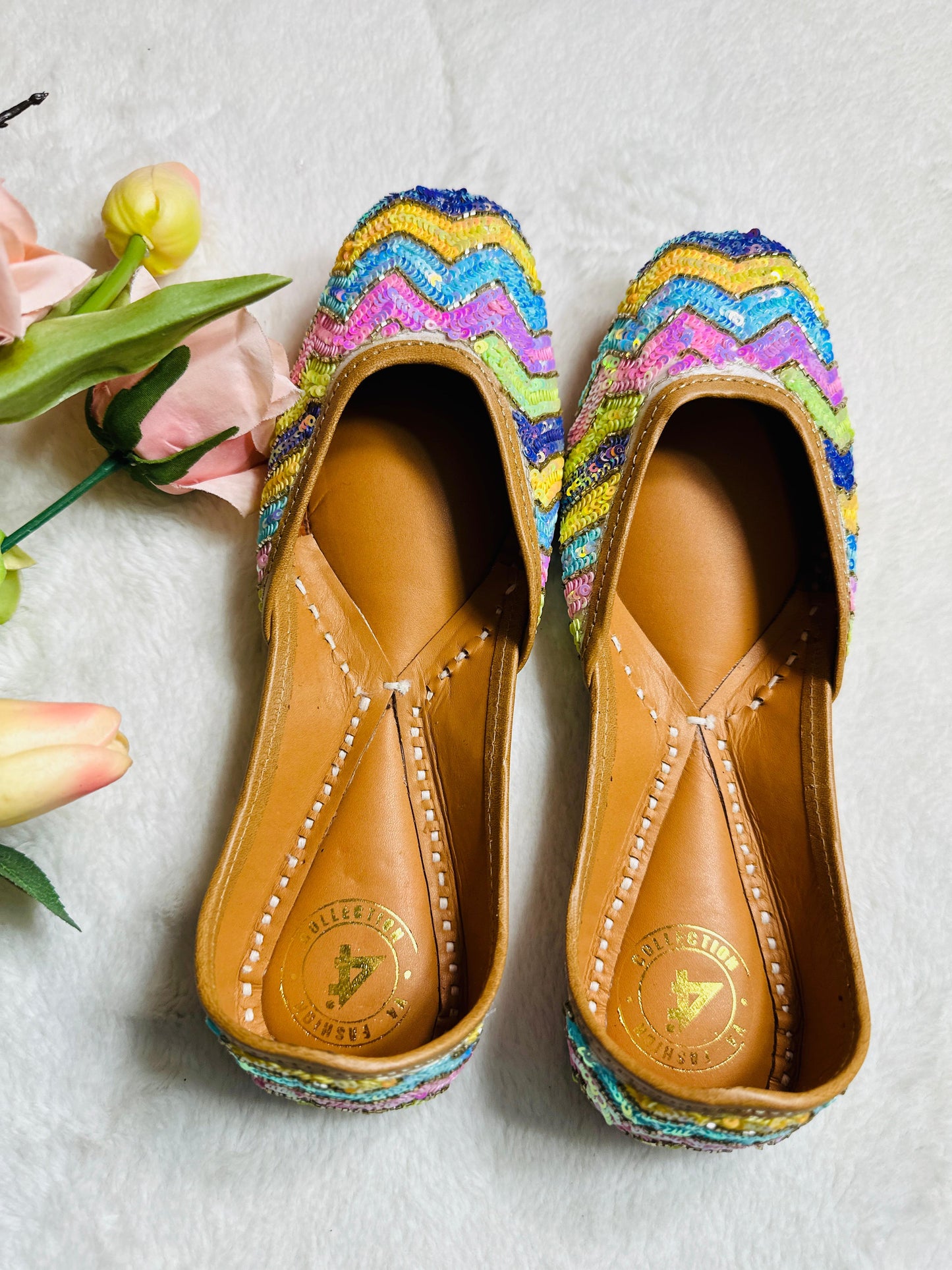 Rainbow multicoloured Premium designer pure leather Jutti with double cushion and highlighted with all handwork