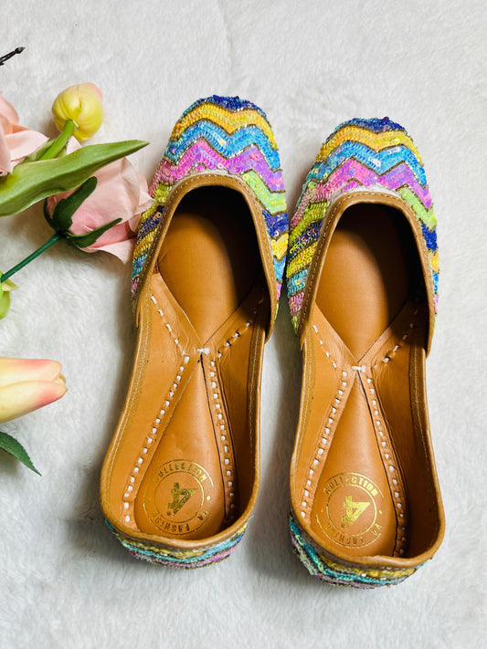 Rainbow multicoloured Premium designer pure leather Jutti with double cushion and highlighted with all handwork