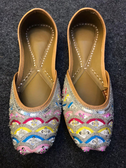 Rainbow multicoloured Premium designer pure leather Jutti with double cushion and highlighted with all handwork