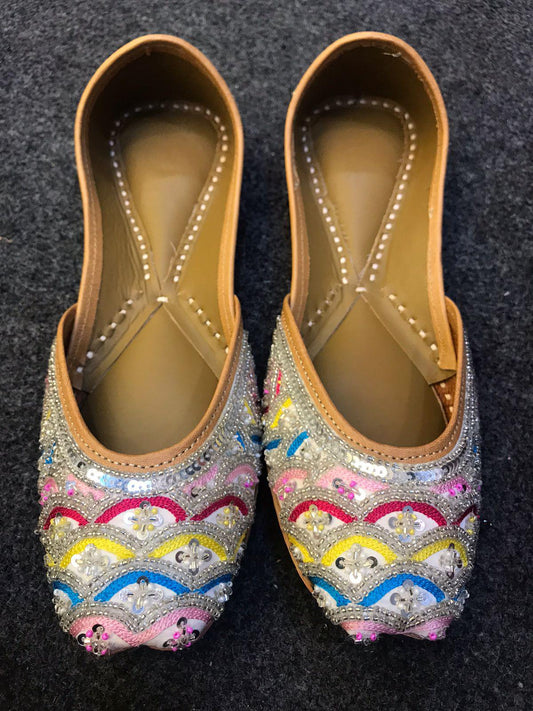Rainbow multicoloured Premium designer pure leather Jutti with double cushion and highlighted with all handwork