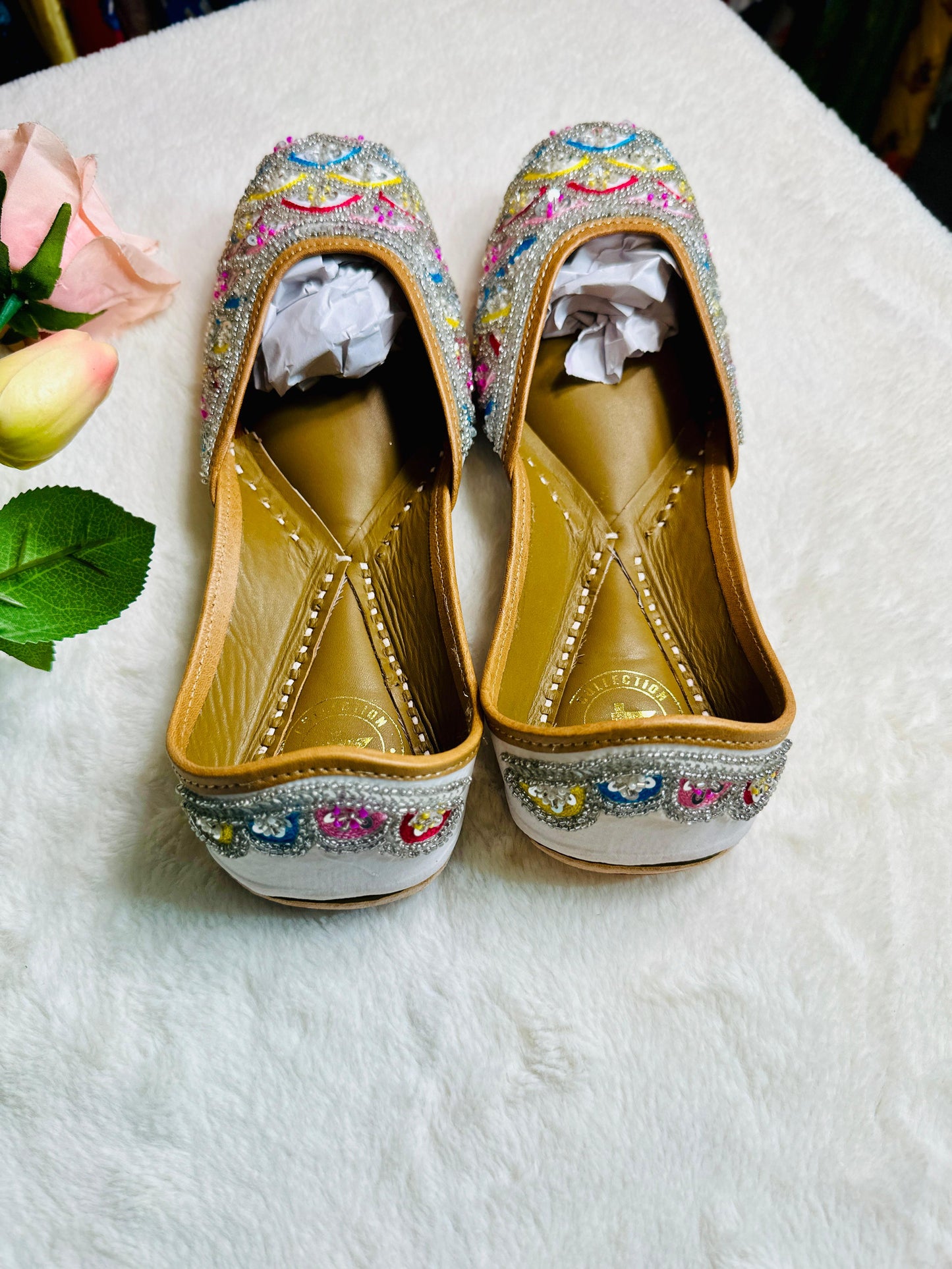 Rainbow multicoloured Premium designer pure leather Jutti with double cushion and highlighted with all handwork