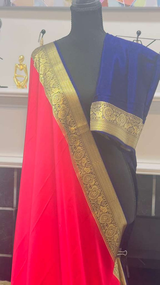 Raspberry Pink with Navy Blue Patli Pallu Pure Mysore Silk Handloom Saree