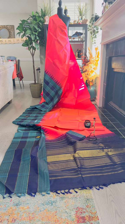 Raspberry Pink with Peacock Blue Kattam Korvai Kanjivaram Pure Silk Handloom Saree