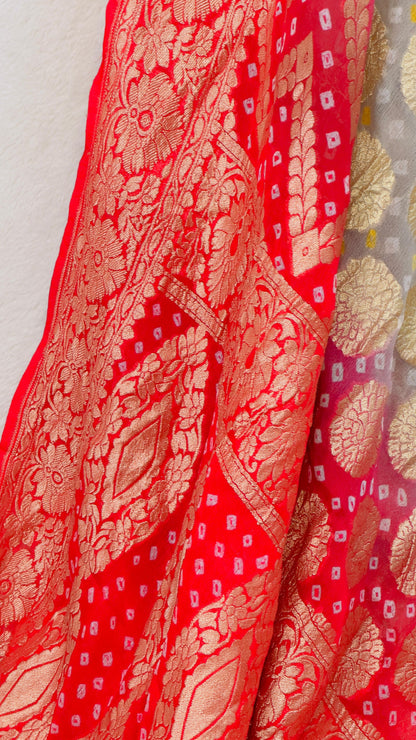 Red-Grey Pure Khaddi Georgette hand rai Bandhani Banarasi saree with tested Gold zari weaving