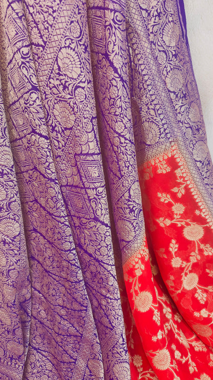 Red-Purple Pure Khaddi Georgette handloom Banarasi saree with tested Gold zari weaving
