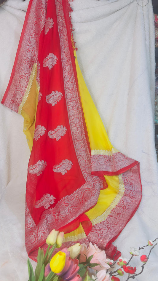 Red-Yellow Pure Khaddi Chiffon handloom Banarasi saree with tested  Silver zari weaving