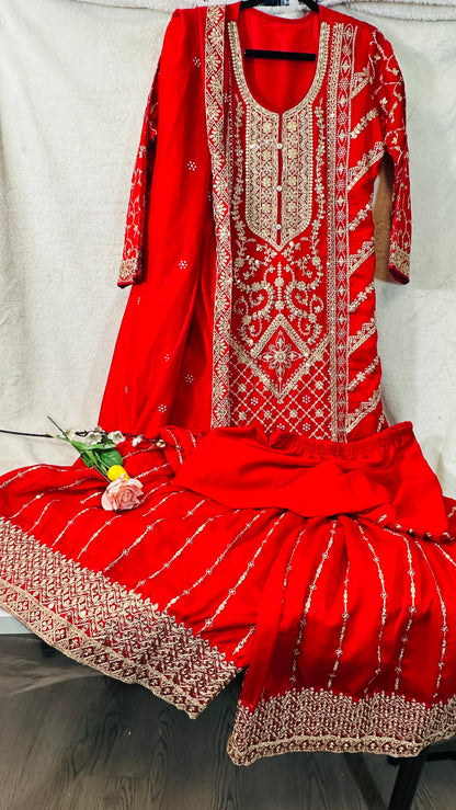 Red CHINON silk suit highlighted with pearl, Cutdana, Mirror& thread hand work
