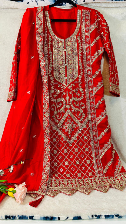 Red CHINON silk suit highlighted with pearl, Cutdana, Mirror& thread hand work