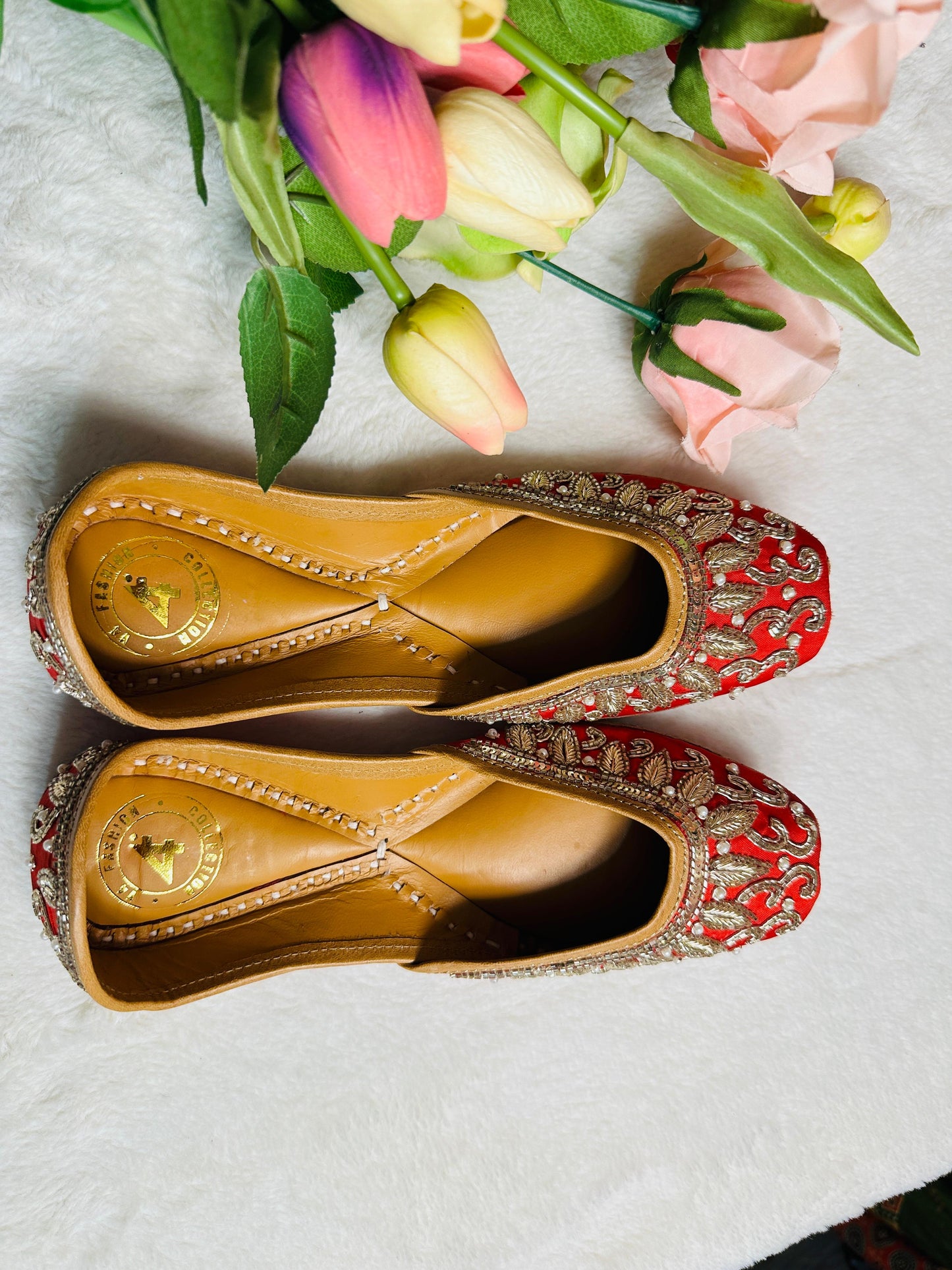 Red Premium designer pure leather Jutti with double cushion and highlighted with all handwork