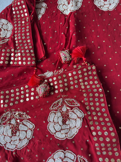 Red Pure Georgette Chikankari Saree with add on Pearl & Mukaish Pitta handwork
