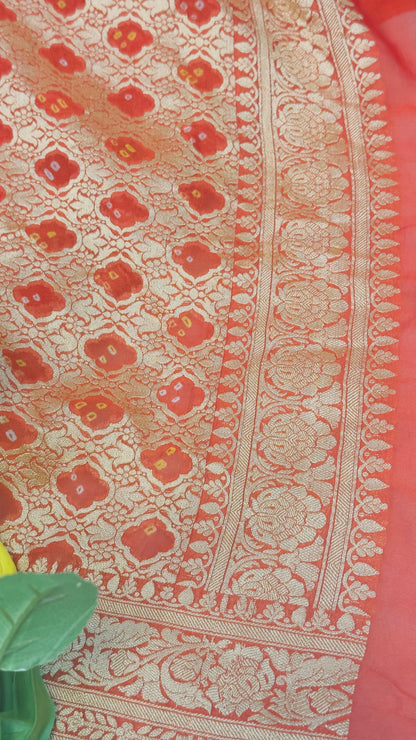 Red Pure Khaddi Georgette hand rai Bandhani Banarasi saree with tested Gold zari weaving