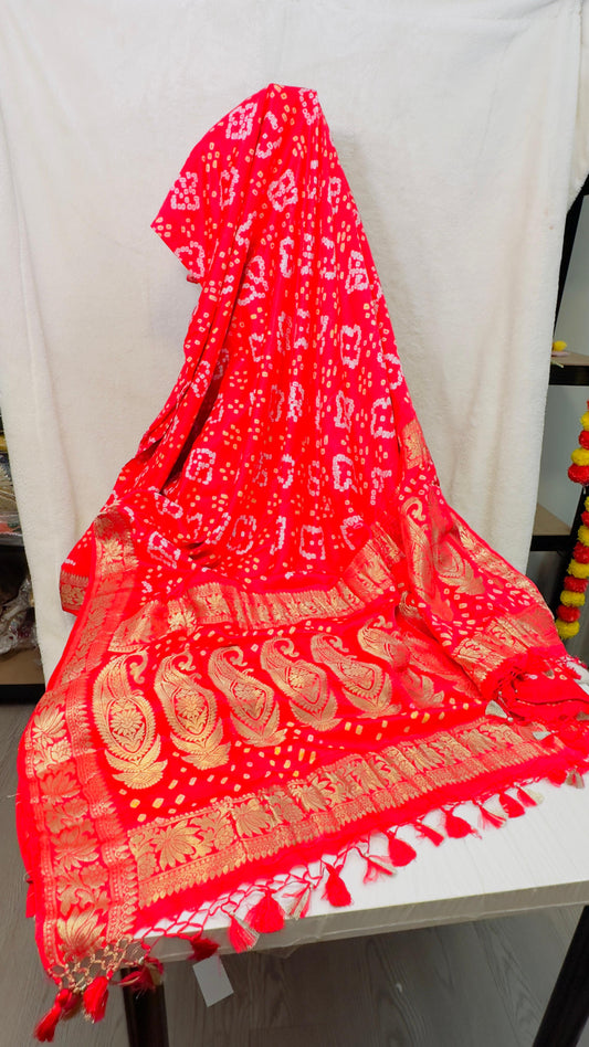 Red  Pure Satin silk handloom Banarasi saree with tested Gold zari weaving
