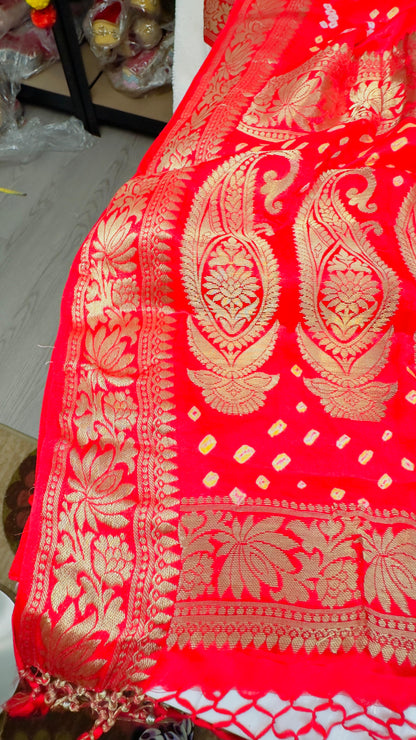 Red  Pure Satin silk handloom Banarasi saree with tested Gold zari weaving