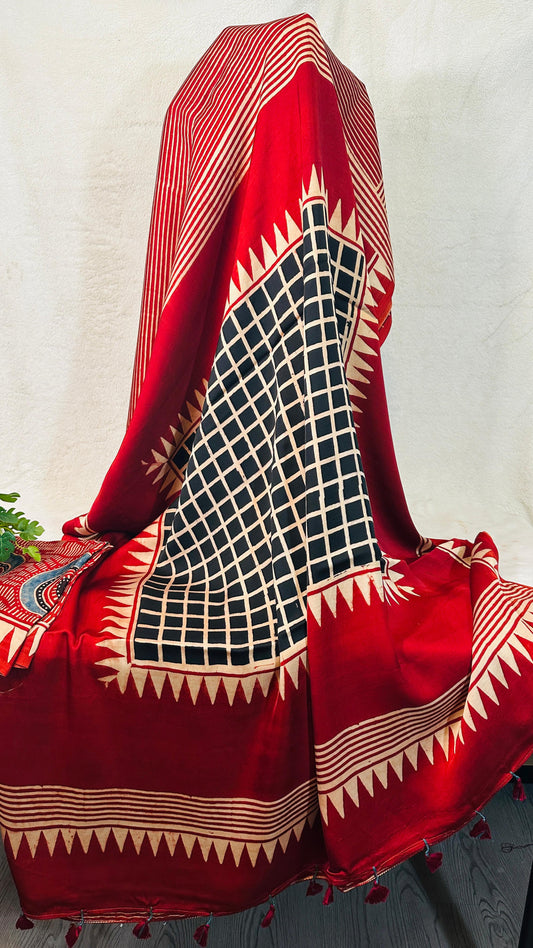 Red Stripe Ajrakh natural dye Hand block print pure Modal silk saree